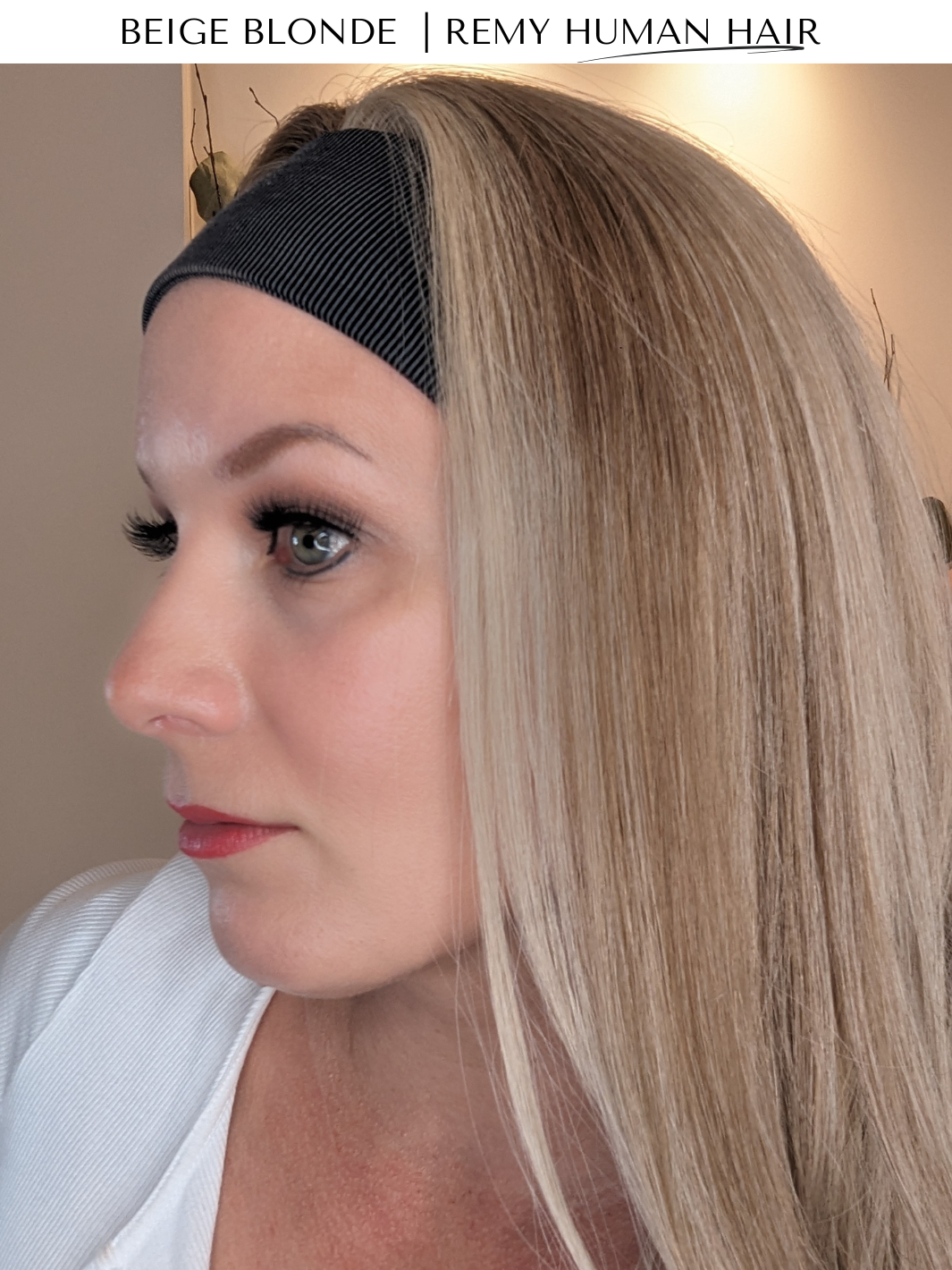 beige blonde human hair headband wig closeup side