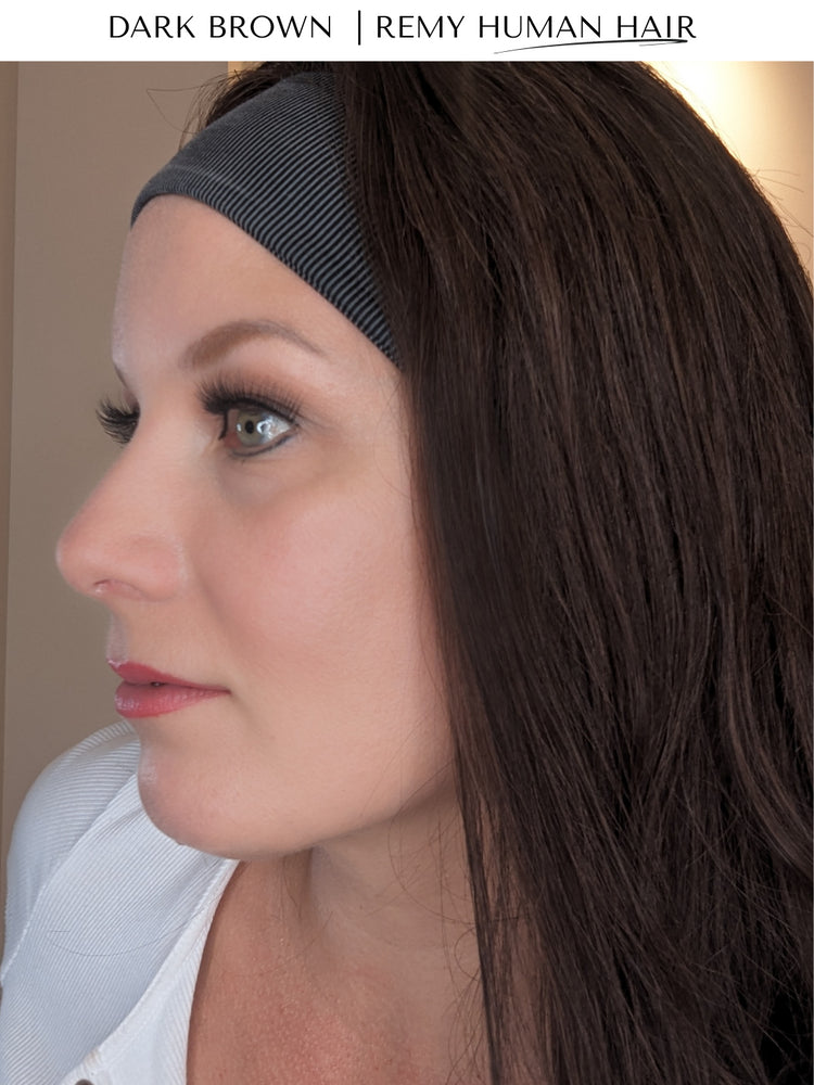 Dark brown human hair headband wig closeup