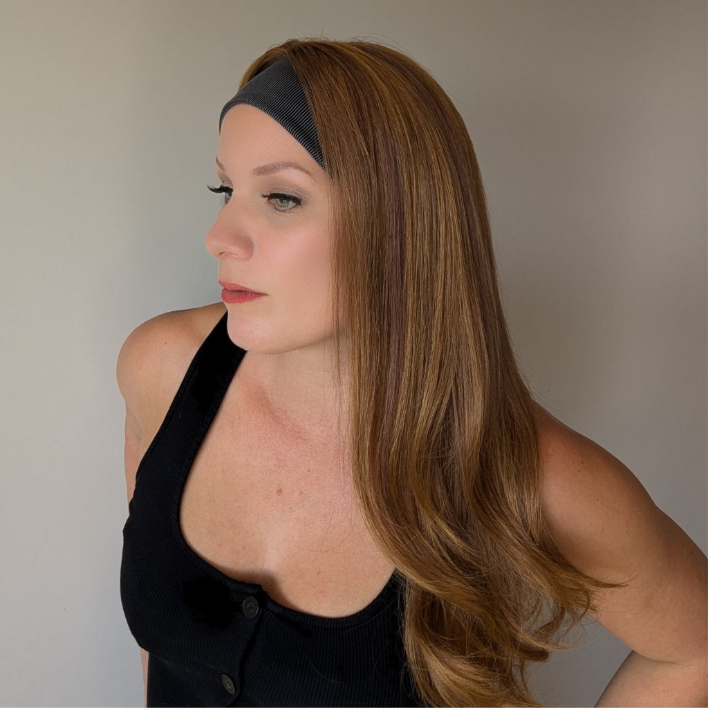 Natural blonde human hair headband wig styled in a side ponytail