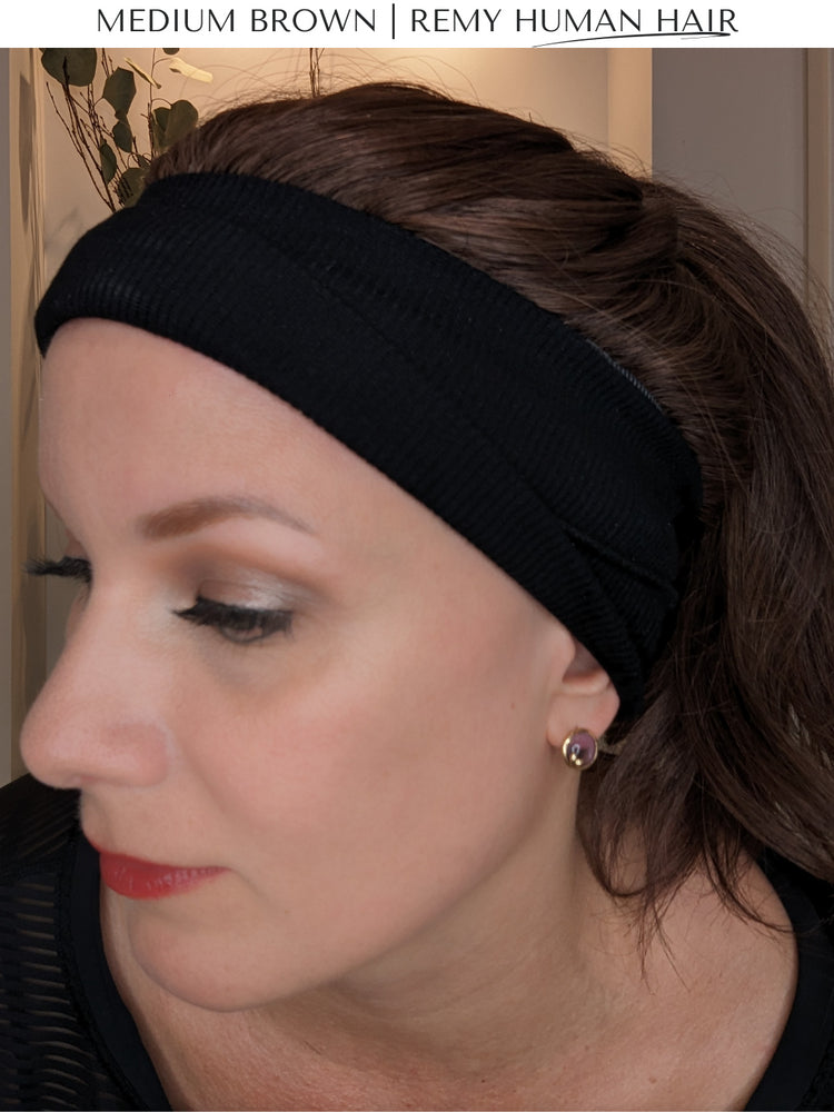 medium brown headband wig close up