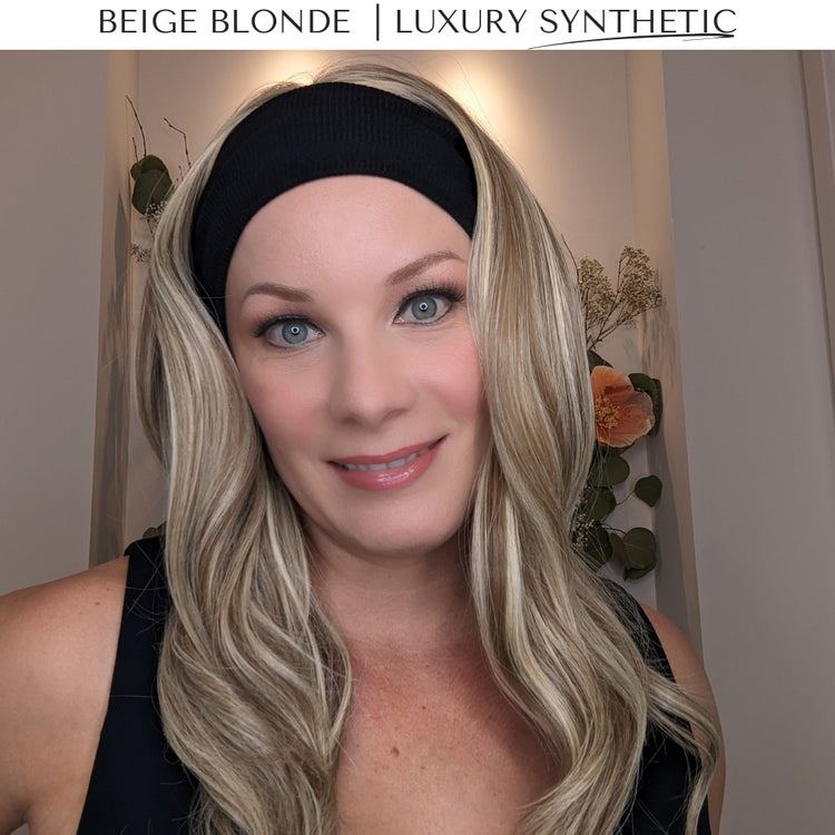 beige blonde headband wig luxury synthetic front close up