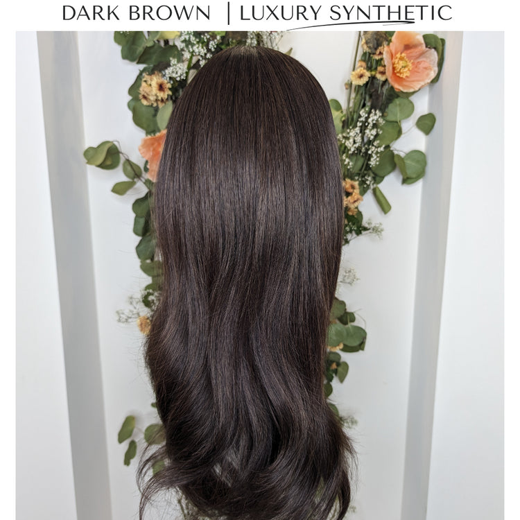 dark brown luxury synthetic wig back studio light