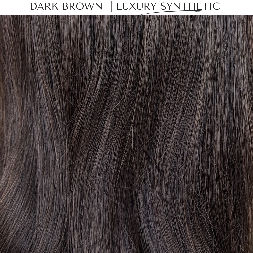 dark brown luxury synthetic wig close up