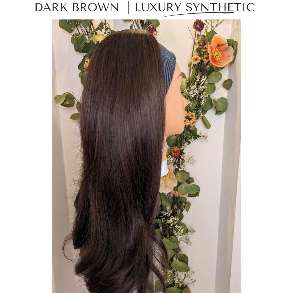 dark brown luxury synthetic wig side low light