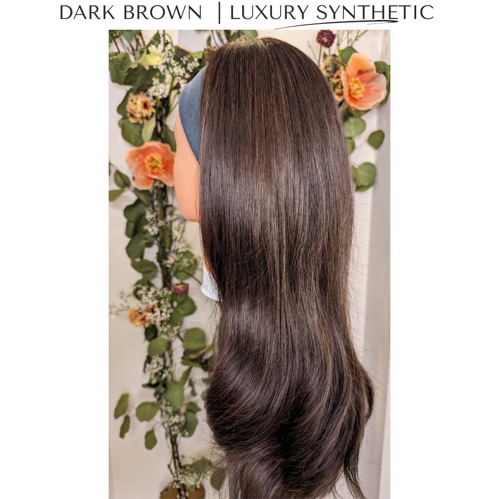 dark brown luxury synthetic wig side studio light