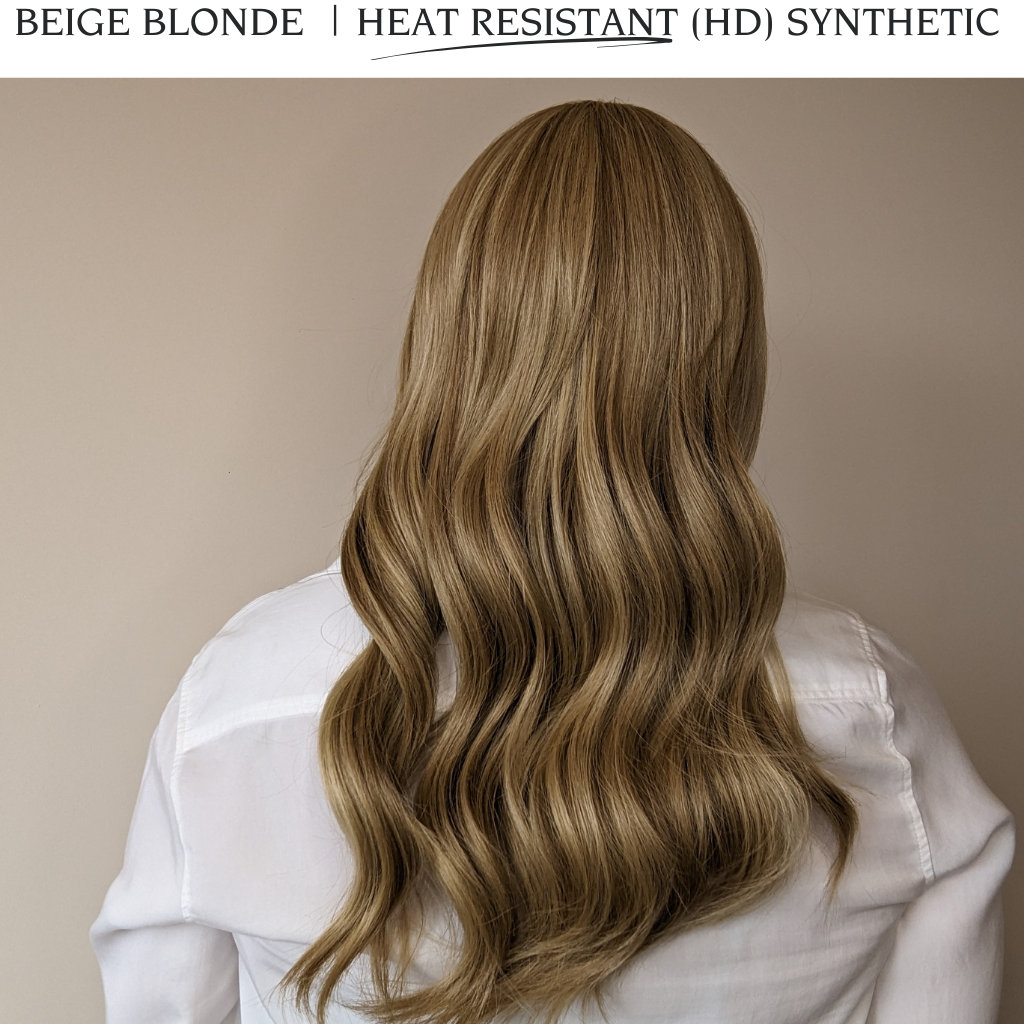 Headband wig.blonde.synthetic.heat resistant.back.model