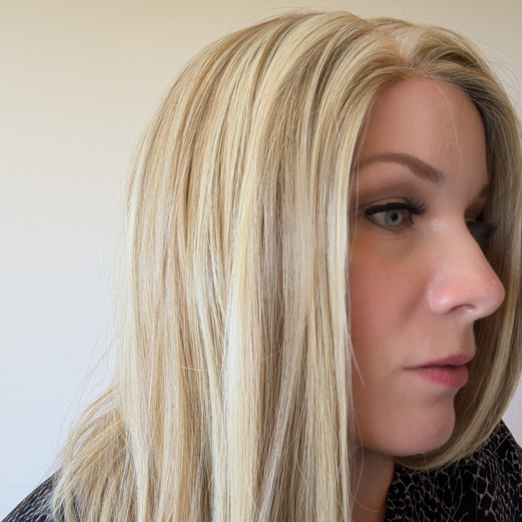 lace front wig luxury synthetic beige blonde side closeup