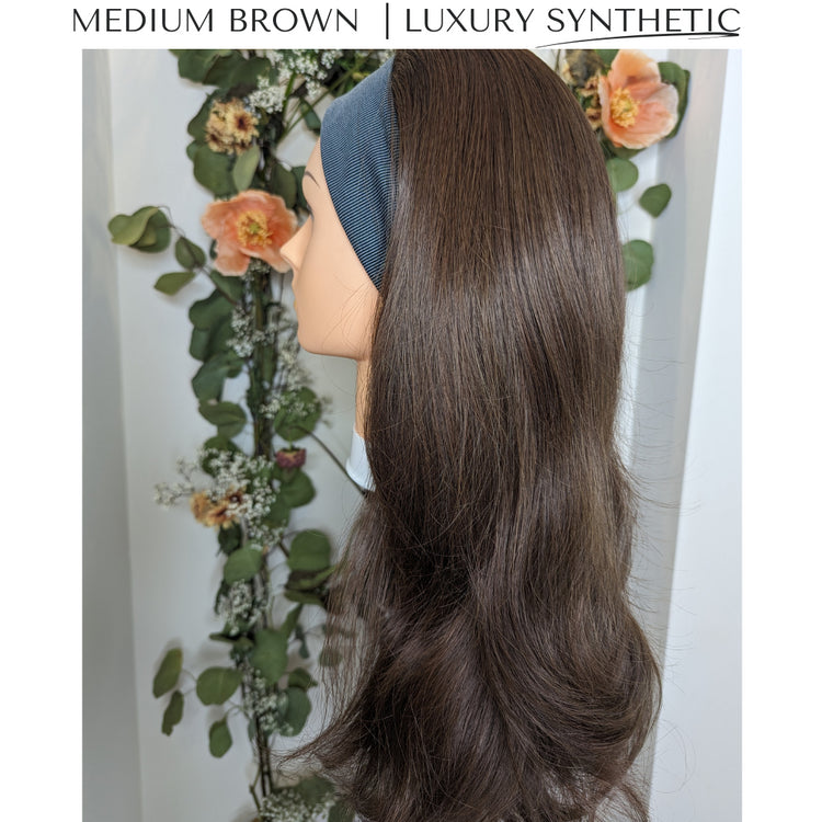 medium brown headband wig luxury synthetic studio light