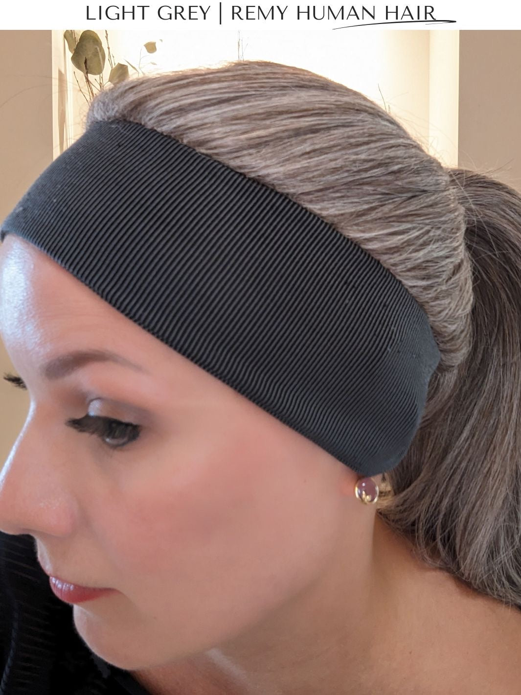 light grey wig ponytail close up